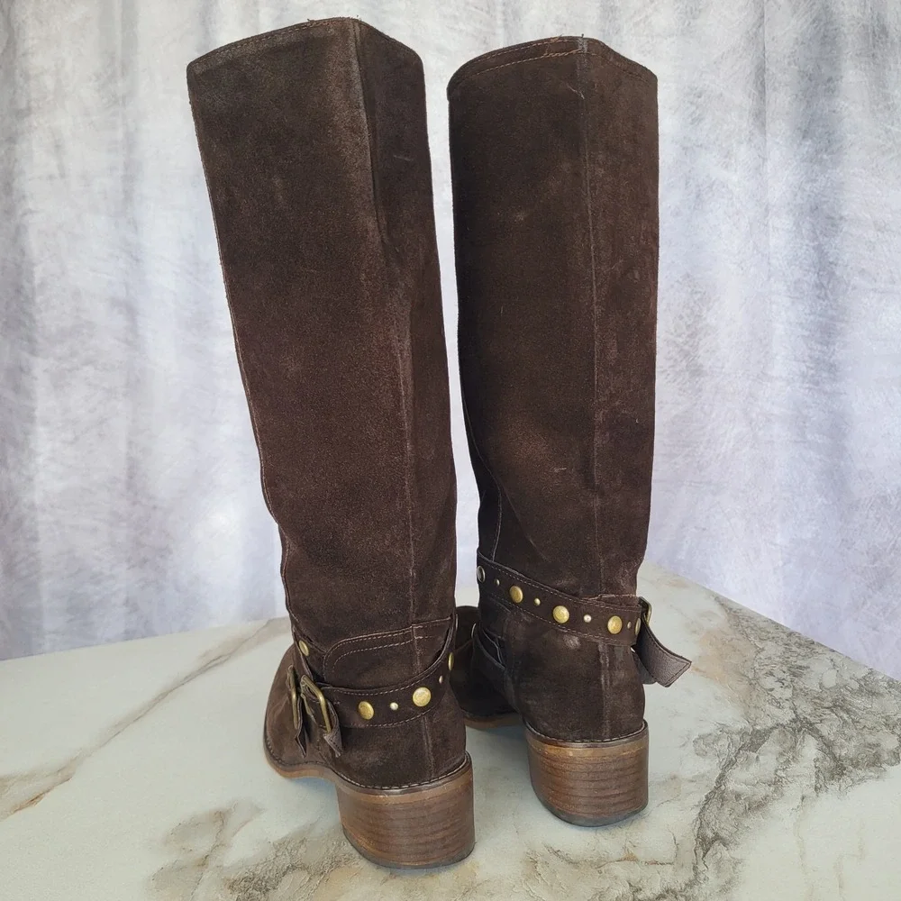 Barneys New York Suede Boots Knee High Biker Women's 36 Studded Buckle